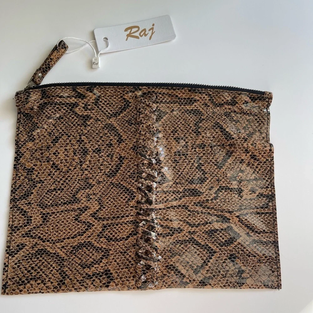 NWT Raj Anthropologie Brown Snakeskin Print flat zip clutch/makeup bag Deadstock